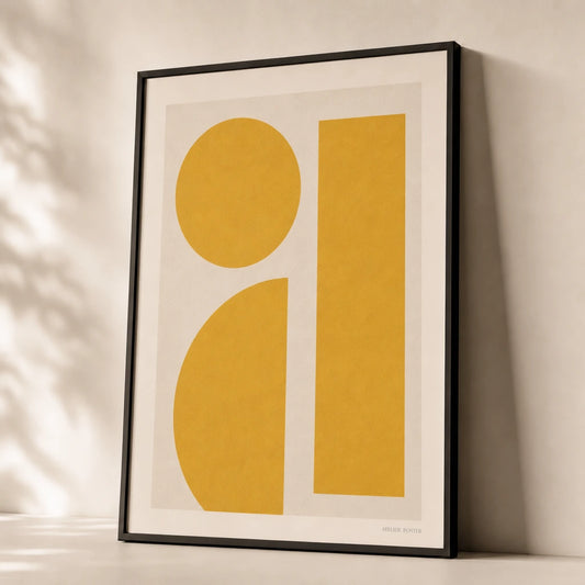 Sunny Yellow Shapes Poster — Three sunny yellow shapes saturated bold modern geometric, premium hero shot, Atelier Poster