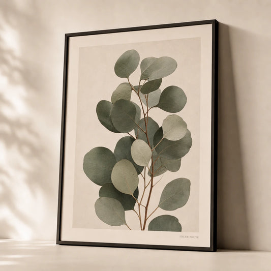 Oversized Eucalyptus Branch Poster — Oversized eucalyptus branch in soft sage and silver modern, premium hero shot, Atelier Poster