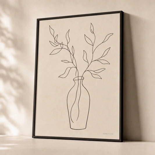 Oversized Vase Branches Poster — Oversized vase with branches continuous black line still life, premium hero shot, Atelier Poster