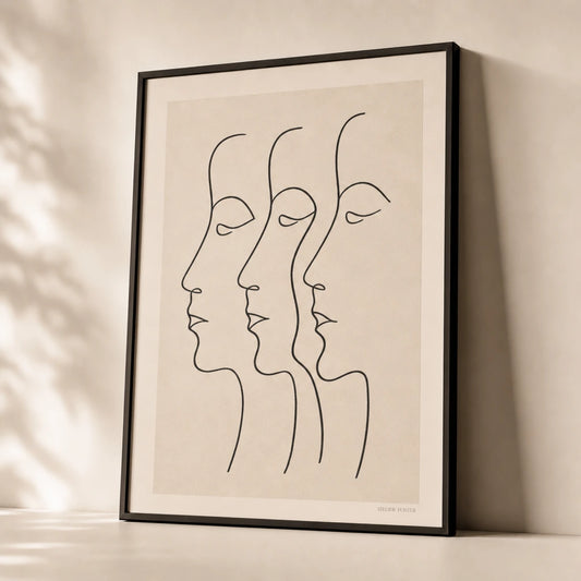 Three Profiles Side Poster — Three stylized face profiles in continuous black line, premium hero shot, Atelier Poster