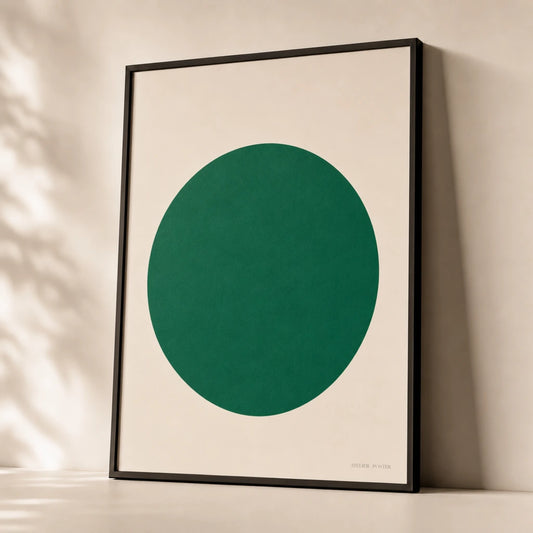Oversized Single Circle Bold Poster — Oversized single emerald green circle bold statement, premium hero shot, Atelier Poster