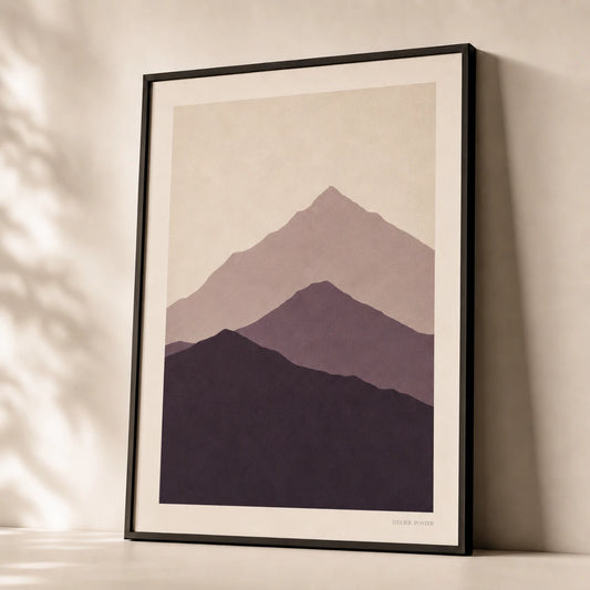 Oversized Mountain Range Poster — Oversized three-peak mountain range graduated purple, premium hero shot, Atelier Poster