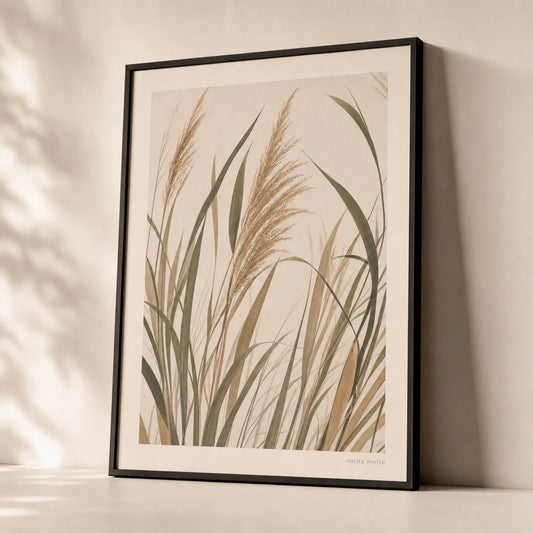 Coastal Sea Grass Poster — Tall coastal sea grass blades in sage and sand tones, premium hero shot, Atelier Poster