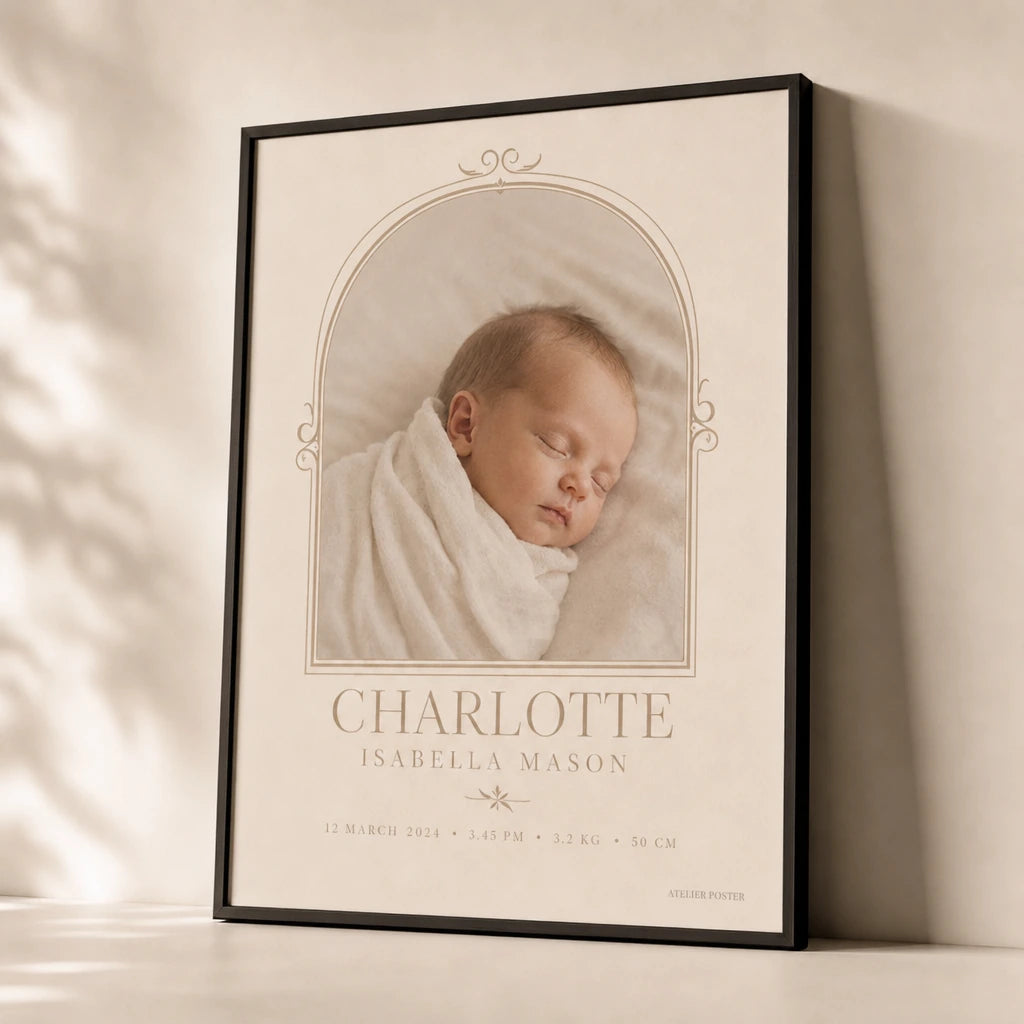 Baby First Photo Frame Poster — Personalized baby first photo elegant typographic frame, premium hero shot, Atelier Poster