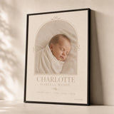 Baby First Photo Frame Poster — Personalized baby first photo elegant typographic frame, premium hero shot, Atelier Poster