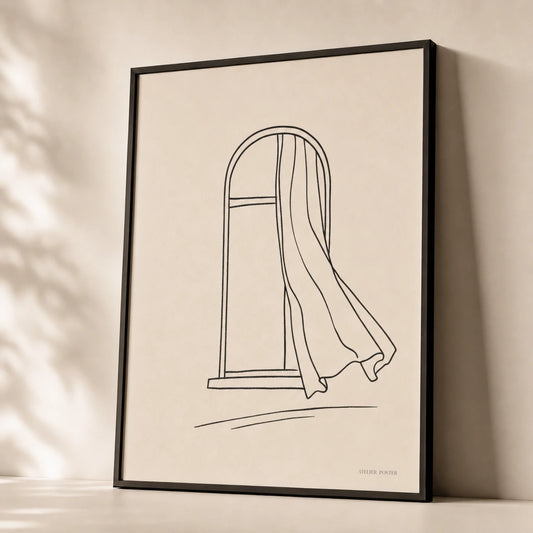Window Frame Light Poster — Single-line arched window with curtain blowing inward, premium hero shot, Atelier Poster