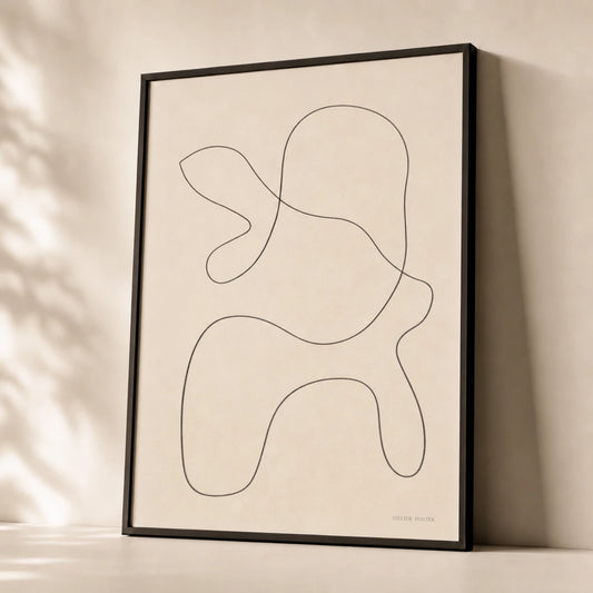 Abstract Curve Composition Poster — Continuous-line abstract organic curve composition in thin black ink, premium hero shot, Atelier Poster