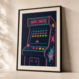 80s Arcade Game Poster — 1980s arcade game neon pink cyan yellow pixelated cabinet, premium hero shot, Atelier Poster