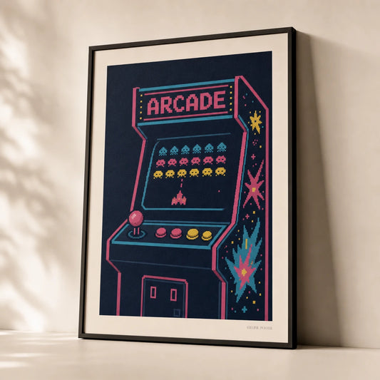 80s Arcade Game Poster — 1980s arcade game neon pink cyan yellow pixelated cabinet, premium hero shot, Atelier Poster
