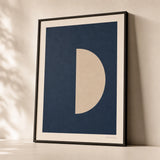 Deep Navy Moon Poster — Cream half-moon on deep navy moody nocturne minimalist, premium hero shot, Atelier Poster