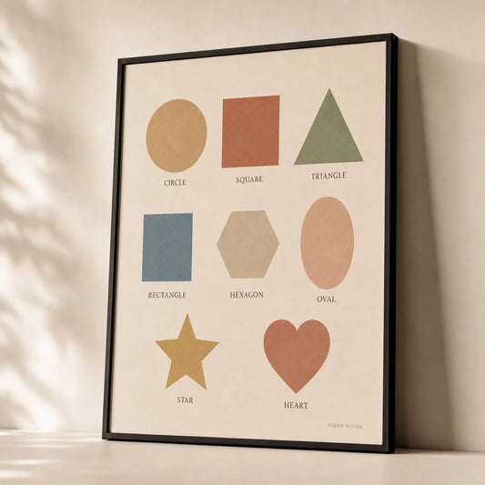 Shapes Learning Poster — Eight geometric shapes labeled in warm pastel tones, premium hero shot, Atelier Poster