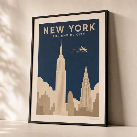 New York Skyline Vintage Poster — 1930s New York skyline with Empire State and Chrysler, premium hero shot, Atelier Poster