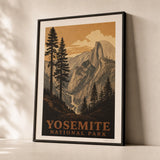 Yosemite Valley WPA Poster — WPA-style Yosemite Half Dome illustration in warm ochre, premium hero shot, Atelier Poster
