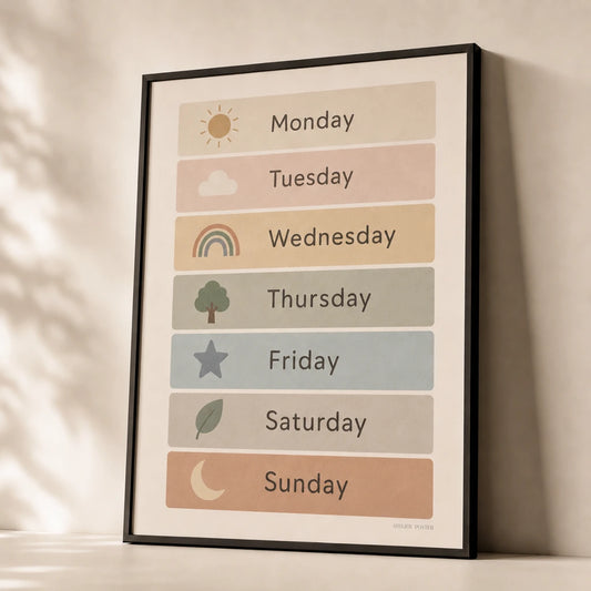 Days of the Week Poster — Seven days of week with icons in soft pastel tones, premium hero shot, Atelier Poster