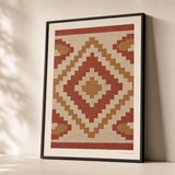 Kilim Pattern Detail Poster — Turkish kilim stepped diamonds in warm red and ochre, premium hero shot, Atelier Poster