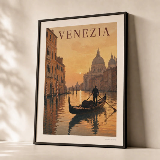 Venice Gondola Sunset Poster — Mid-century Venice gondola at sunset on Grand Canal, premium hero shot, Atelier Poster