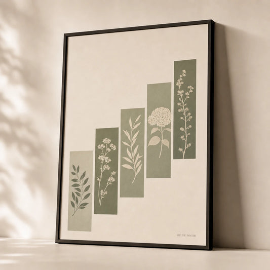 Stairwell Botanical Ascending Gallery Poster — Five botanical stairwell ascending sage diagonal gallery, premium hero shot, Atelier Poster