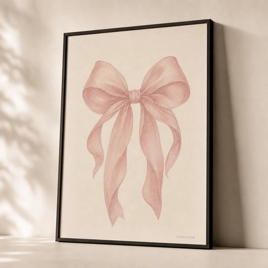 Coquette Bow Pink Poster — Single oversized pale pink bow on cream coquette aesthetic, premium hero shot, Atelier Poster