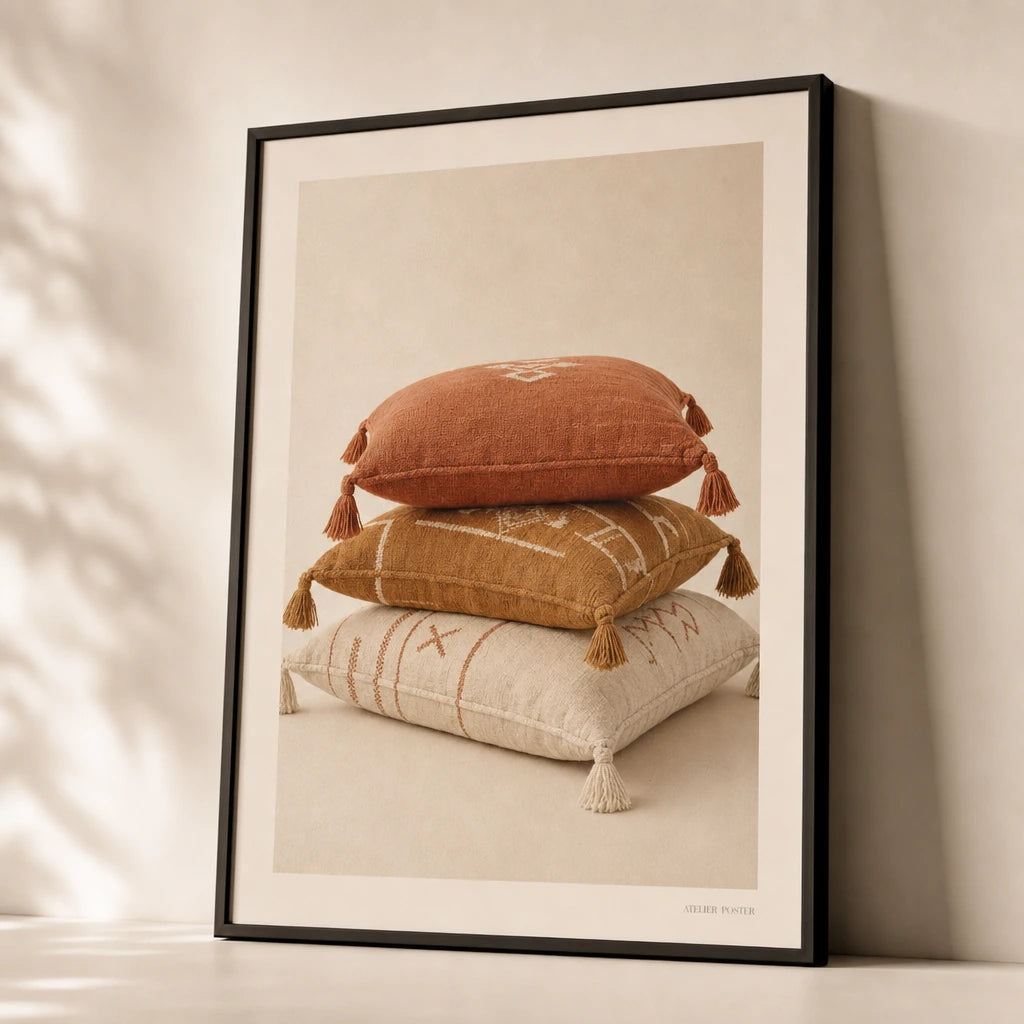 Bohemian Floor Pillow Poster — Three stacked bohemian floor pillows with tassel corners, premium hero shot, Atelier Poster