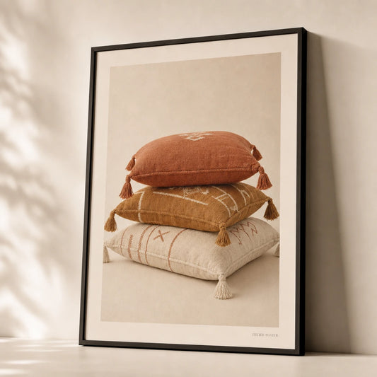 Bohemian Floor Pillow Poster — Three stacked bohemian floor pillows with tassel corners, premium hero shot, Atelier Poster