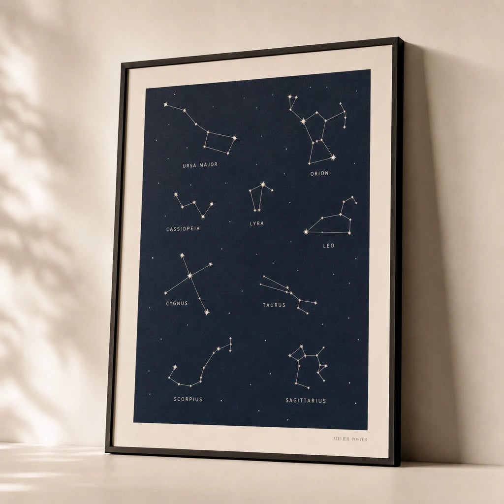 Constellations Night Sky Poster — Eight major constellations on deep navy night sky, premium hero shot, Atelier Poster