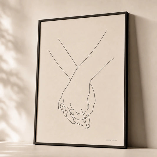 Embracing Hands Poster — Continuous-line two clasped hands in gentle embrace, premium hero shot, Atelier Poster