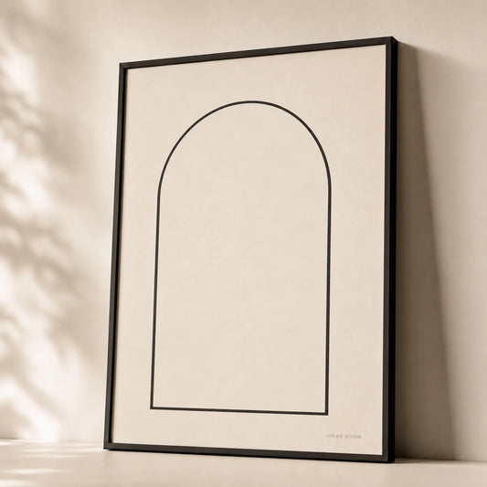 Oversized Roman Arch Poster — Oversized Roman archway continuous black line architectural, premium hero shot, Atelier Poster