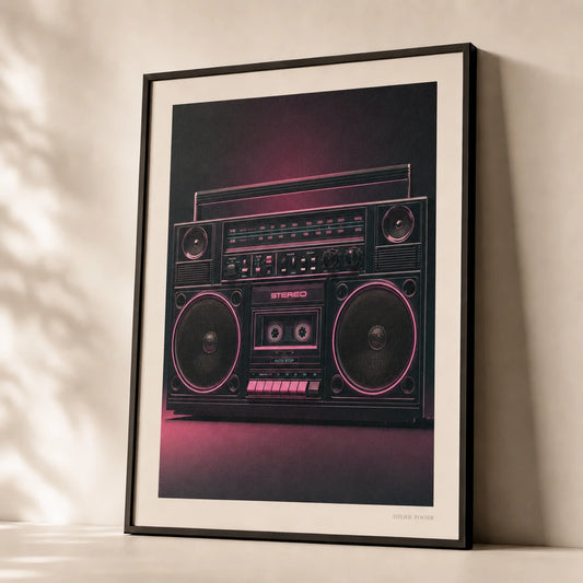Neon Boombox 80s Poster — Vintage 1980s neon boombox hip-hop golden era cassette deck, premium hero shot, Atelier Poster