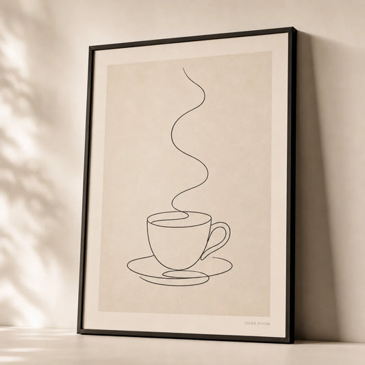 Coffee Cup Steam Poster — Single-line coffee cup with rising steam in black on cream, premium hero shot, Atelier Poster