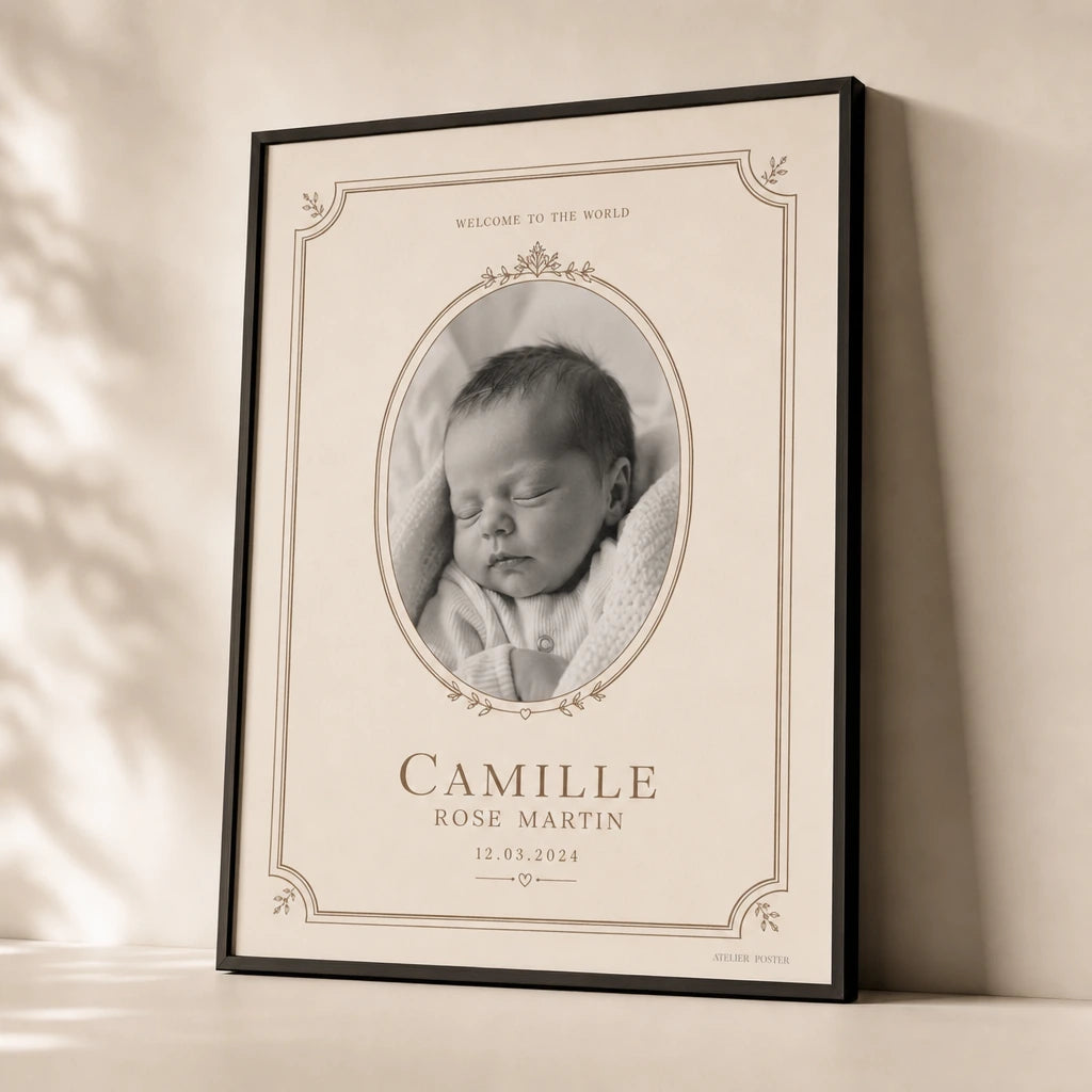Baby First Photo Frame Poster — Personalized baby first photo elegant typographic frame, premium hero shot, Atelier Poster