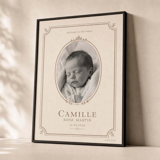 Baby First Photo Frame Poster — Personalized baby first photo elegant typographic frame, premium hero shot, Atelier Poster
