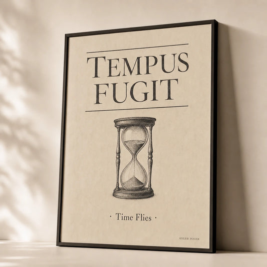 Dark Academia Latin Quote Poster — Tempus Fugit Latin serif dark academia parchment aesthetic, premium hero shot, Atelier Poster