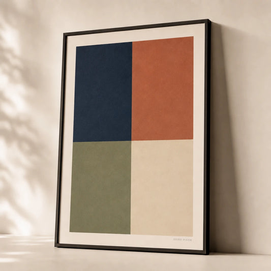 Oversized Color Block Modern Poster — Oversized four color block grid navy terracotta sage cream, premium hero shot, Atelier Poster