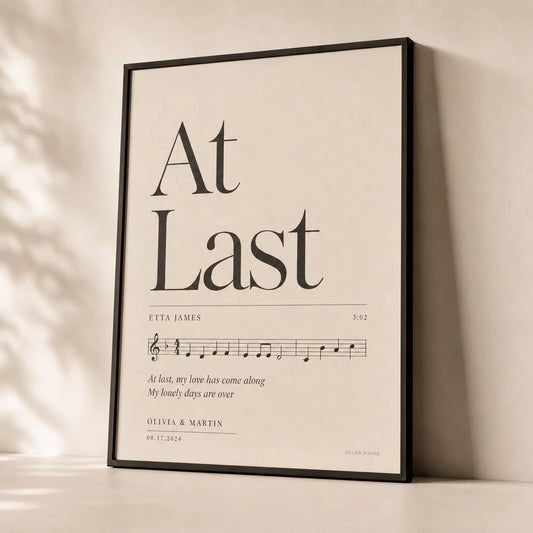 First Dance Song Custom Poster — Personalized first dance song title and artist serif typography, premium hero shot, Atelier Poster