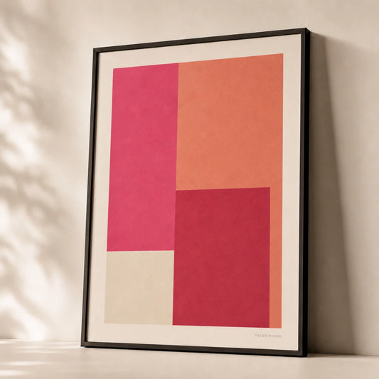 Fuchsia Coral Geometric Poster — Fuchsia and coral geometric saturated bold duo modern, premium hero shot, Atelier Poster
