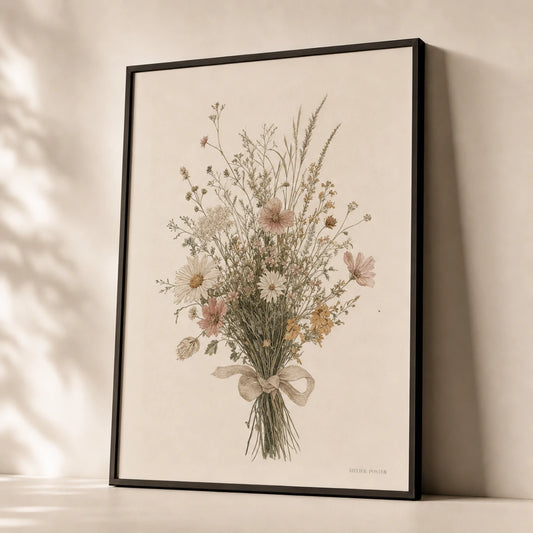 Wildflower Bouquet Cream Poster — Loose meadow wildflower bouquet tied with linen ribbon, premium hero shot, Atelier Poster