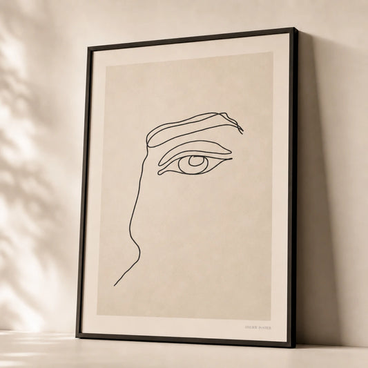 Single Eye Gaze Poster — Single-line human eye with suggestion of brow above, premium hero shot, Atelier Poster
