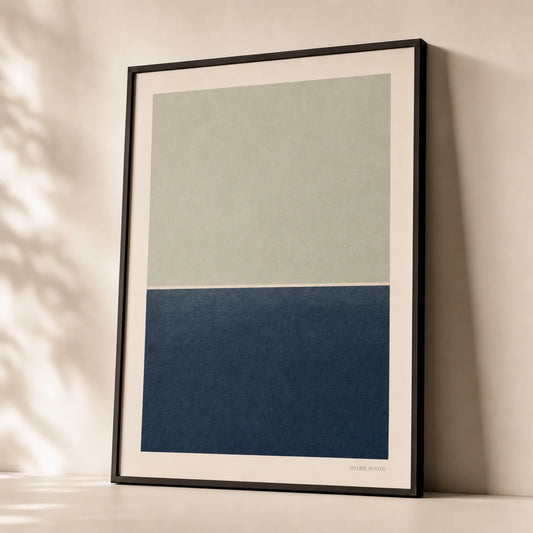 Oversized Ocean Horizon Poster — Oversized ocean horizon navy and sage vast minimalist, premium hero shot, Atelier Poster