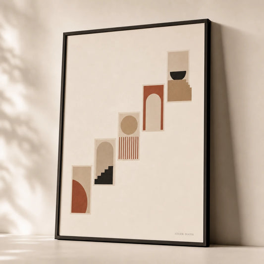 Stairwell Abstract Ascending Gallery Poster — Five abstract stairwell ascending earth-tones modern gallery, premium hero shot, Atelier Poster
