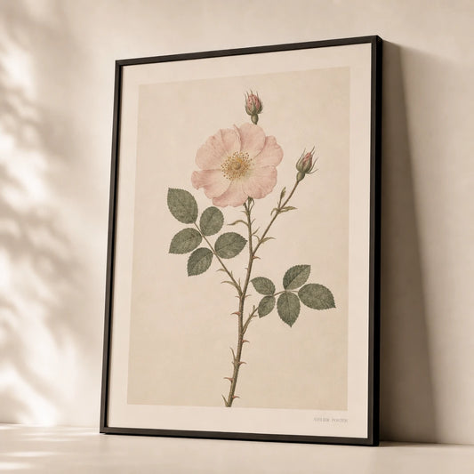 Wild Rose Stem Poster — Single wild rose stem with blush bloom and two buds, premium hero shot, Atelier Poster