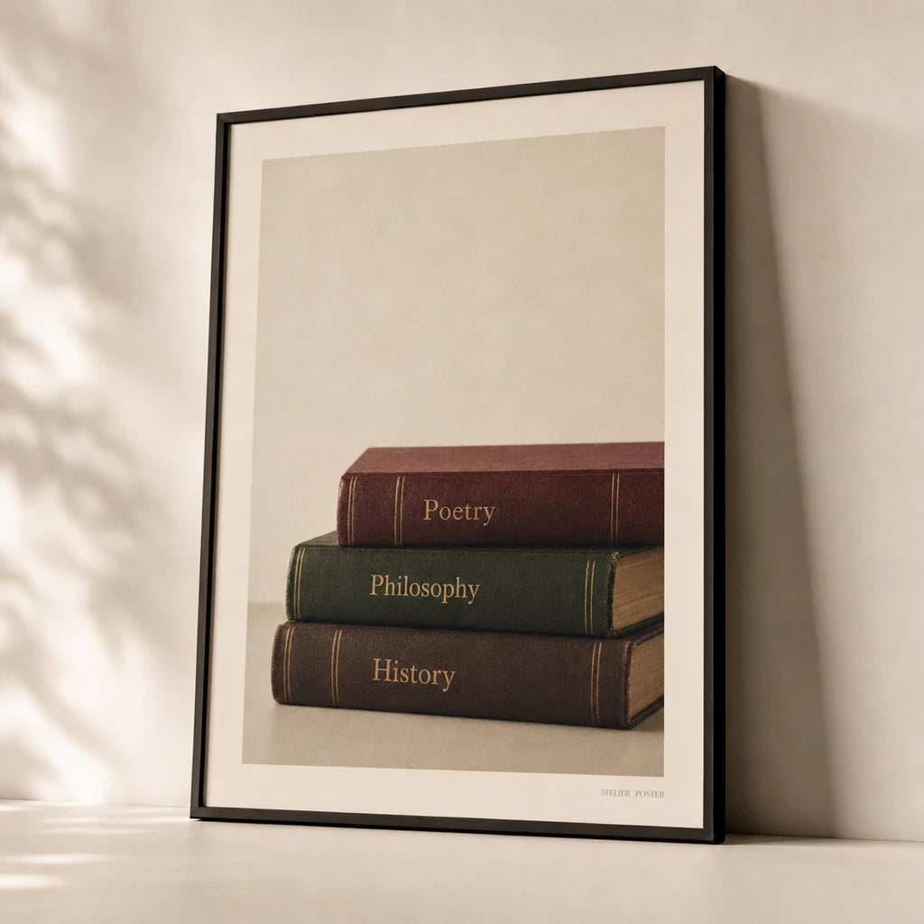 Dark Academia Books Poster — Three leather books burgundy forest green dark academia, premium hero shot, Atelier Poster