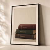 Dark Academia Books Poster — Three leather books burgundy forest green dark academia, premium hero shot, Atelier Poster
