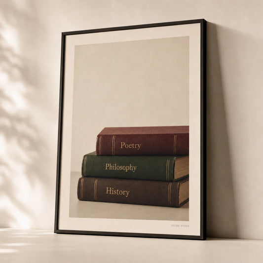 Dark Academia Books Poster — Three leather books burgundy forest green dark academia, premium hero shot, Atelier Poster