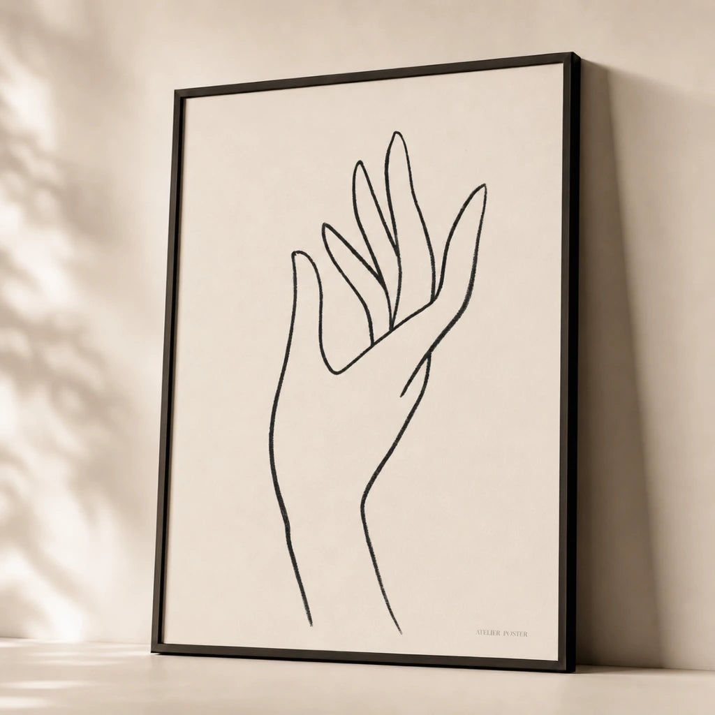 Single Hand Gesture Poster — Minimalist black line hand with extended fingers gesture, premium hero shot, Atelier Poster