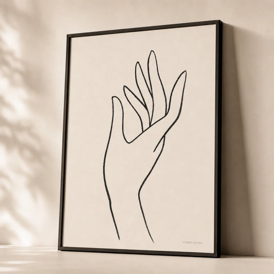 Single Hand Gesture Poster — Minimalist black line hand with extended fingers gesture, premium hero shot, Atelier Poster