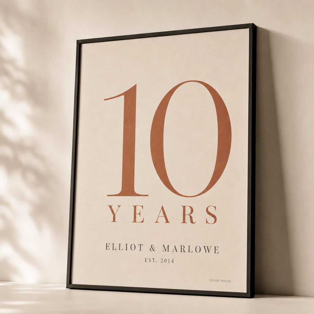 Anniversary Years Number Custom Poster — Personalized anniversary years number elegant serif milestone, premium hero shot, Atelier Poster