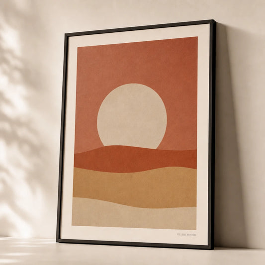 Oversized Desert Sunset Poster — Oversized desert sunset abstract landscape warm horizon, premium hero shot, Atelier Poster