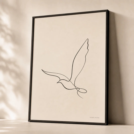 Bird in Flight Line Poster — Single-line bird mid-flight with outstretched wings, premium hero shot, Atelier Poster