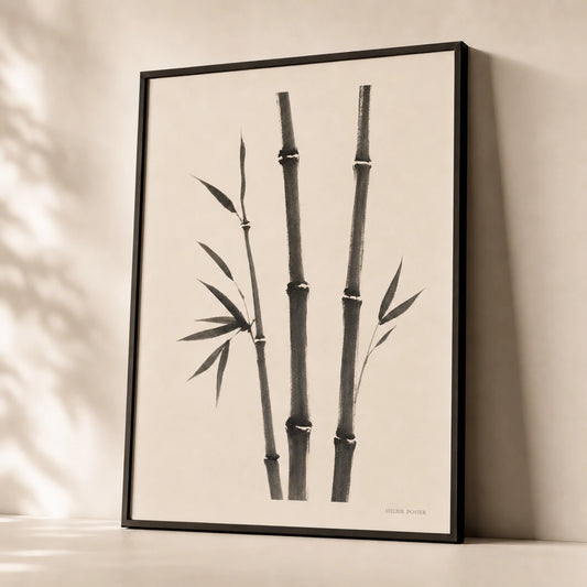 Sumi-e Bamboo Stalk Poster — Three sumi-e bamboo stalks in charcoal brushstrokes, premium hero shot, Atelier Poster
