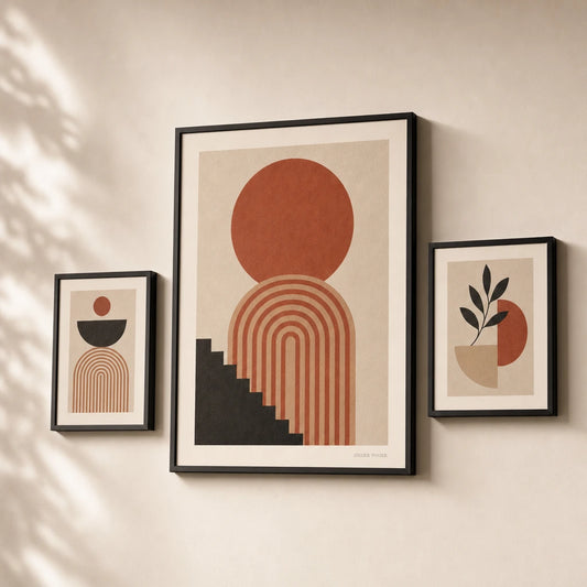 Statement Sun Flanking Set Gallery Poster — Statement terracotta sun with two flanking earth-tone set, premium hero shot, Atelier Poster